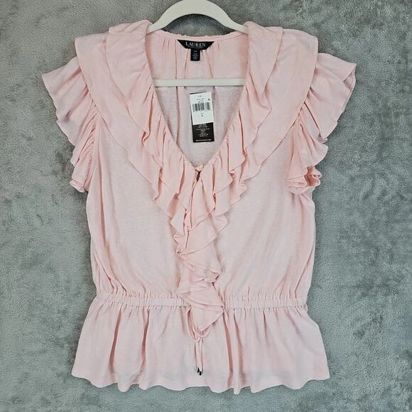 Lauren Ralph Lauren Ruffled Flutter-Sleeve Peplum Top Womens Size L Pink Linen - Picture 2 of 10